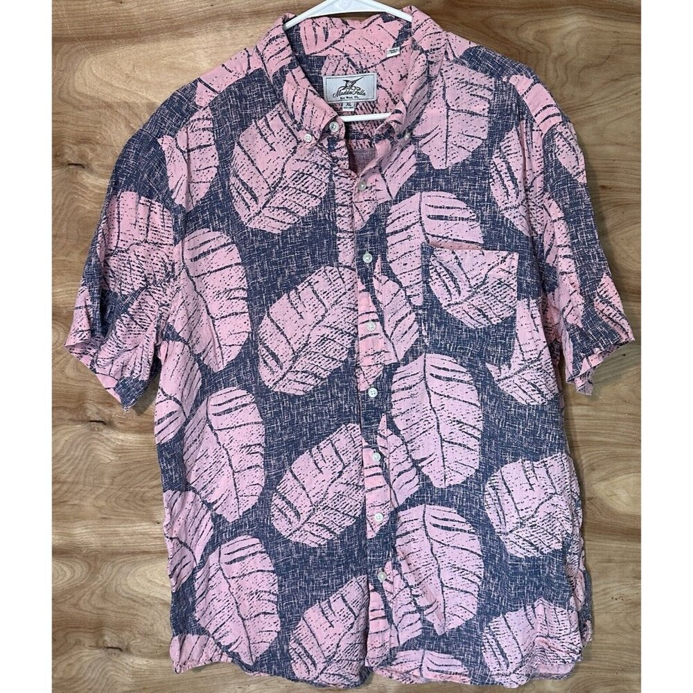 Madda Fella Mens XL Pink Short Sleeve Linen Shirt Button Hawaiian Palm Tropical
